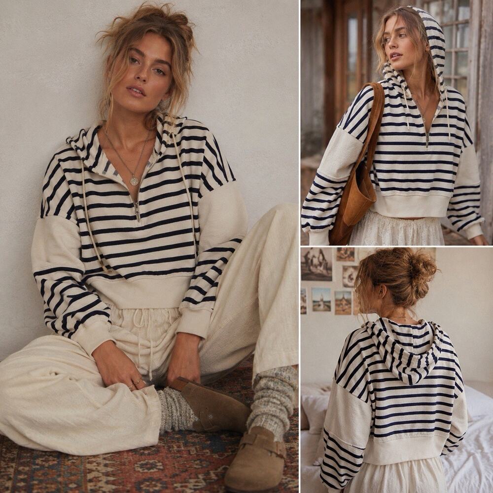 Aerie Womens Small Striped Cropped Hoodie Navy White Half Zip Restart Coastal